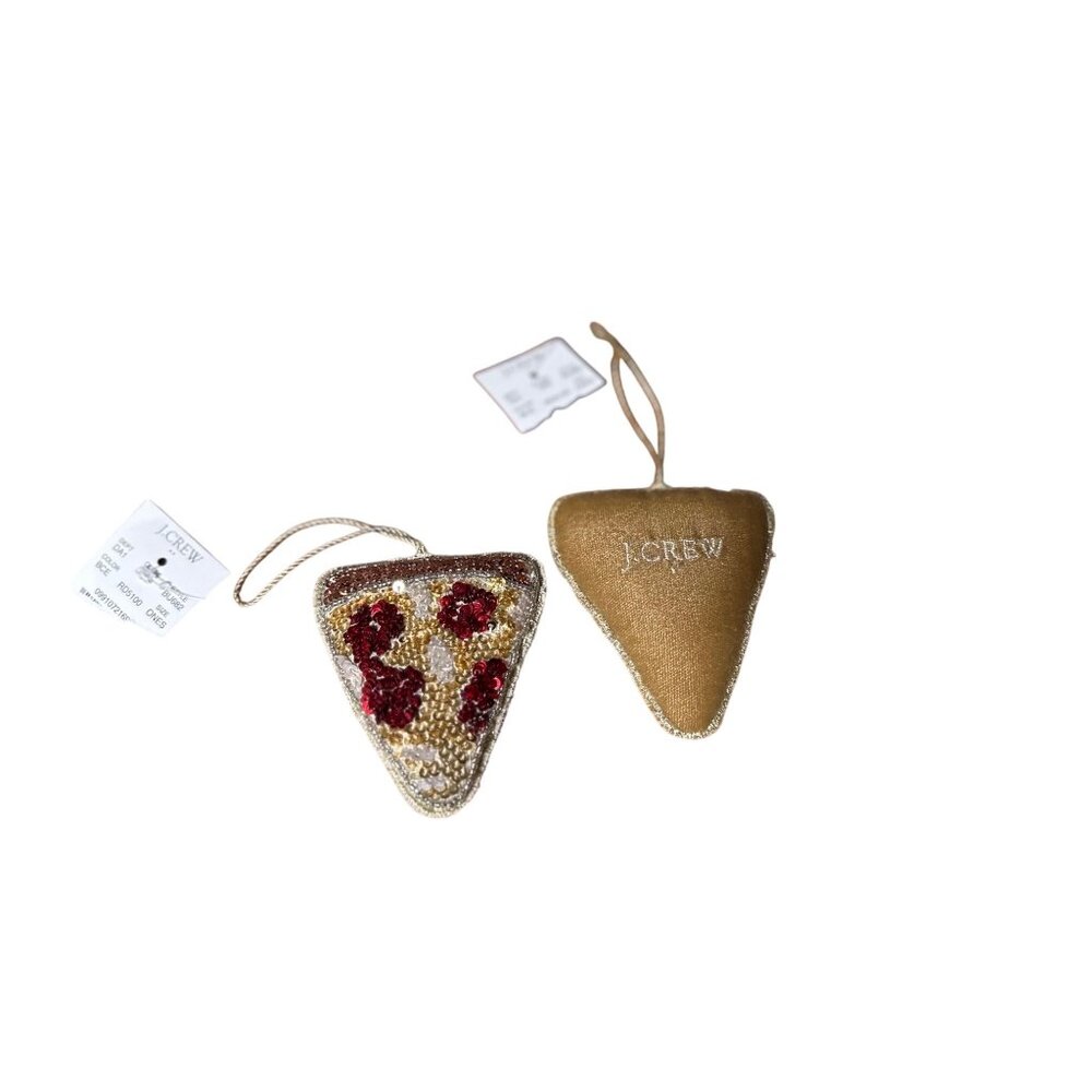 2 J.Crew Beaded Pizza Ornaments Sequins & Hanging Loop Embroidered logo Hoilday
